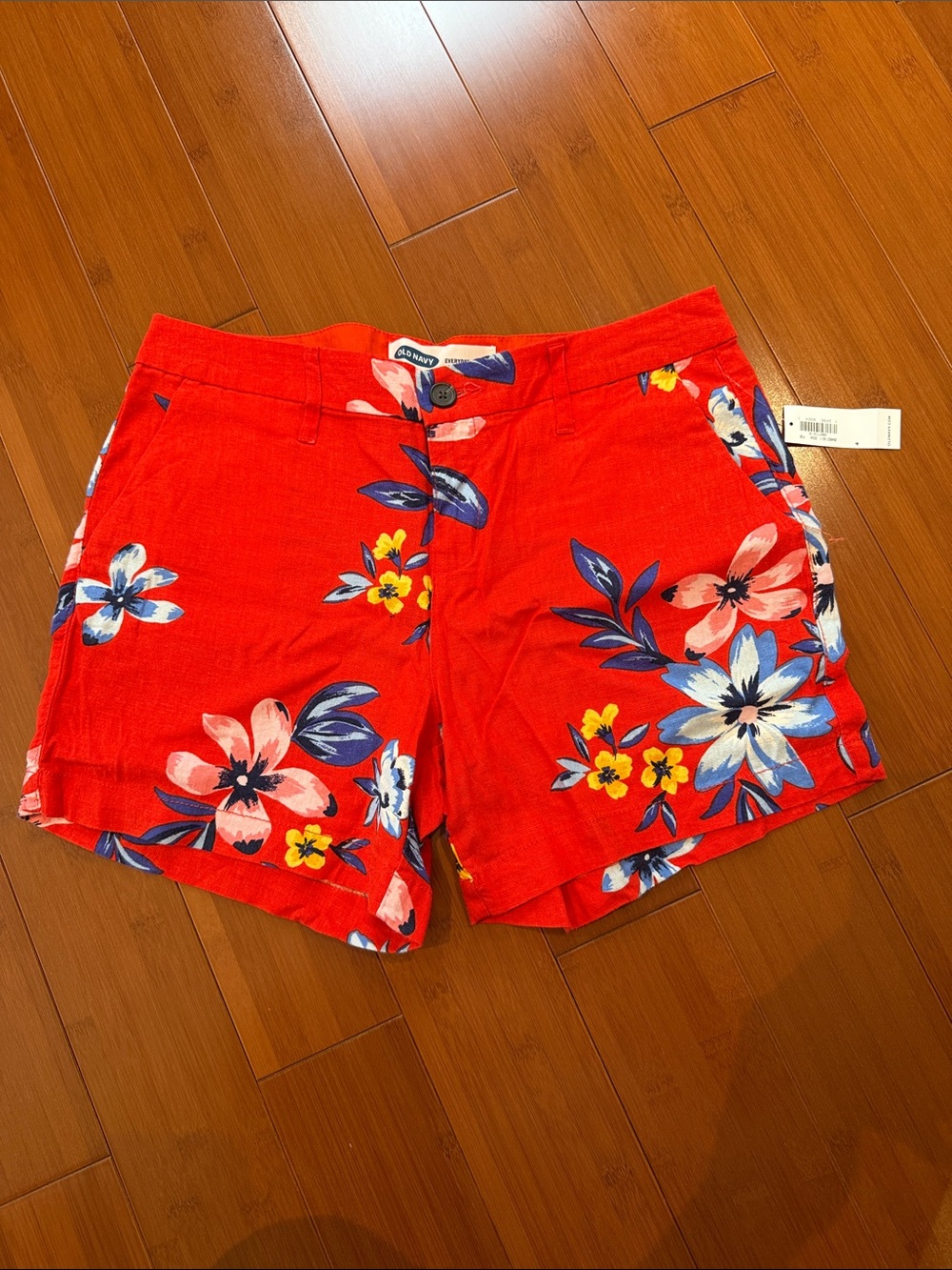 Bright Red Floral Linen-Rayon  Blend Shorts
